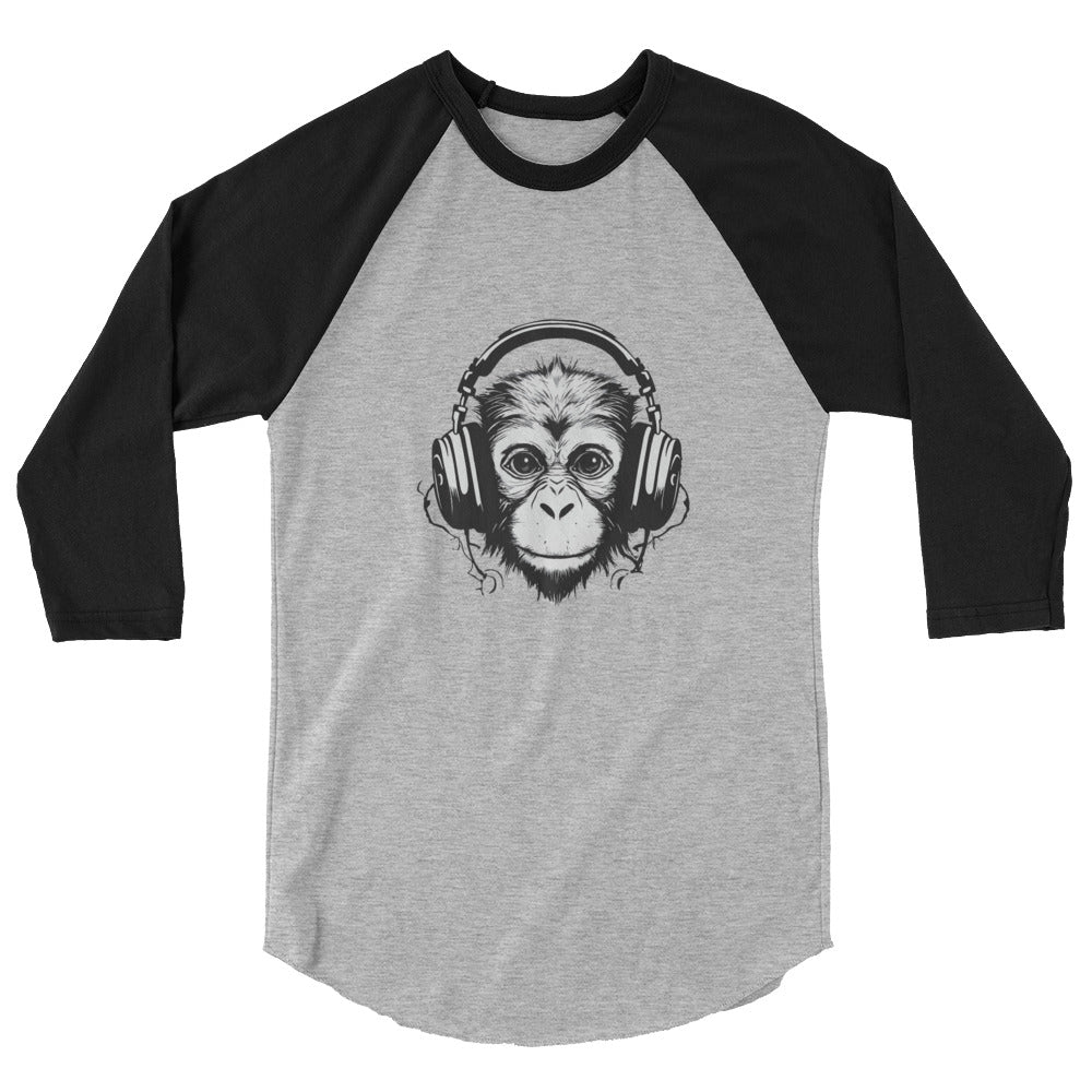 Monkey Listening to Music on Headphones - 3/4 sleeve raglan shirt - by Relephants