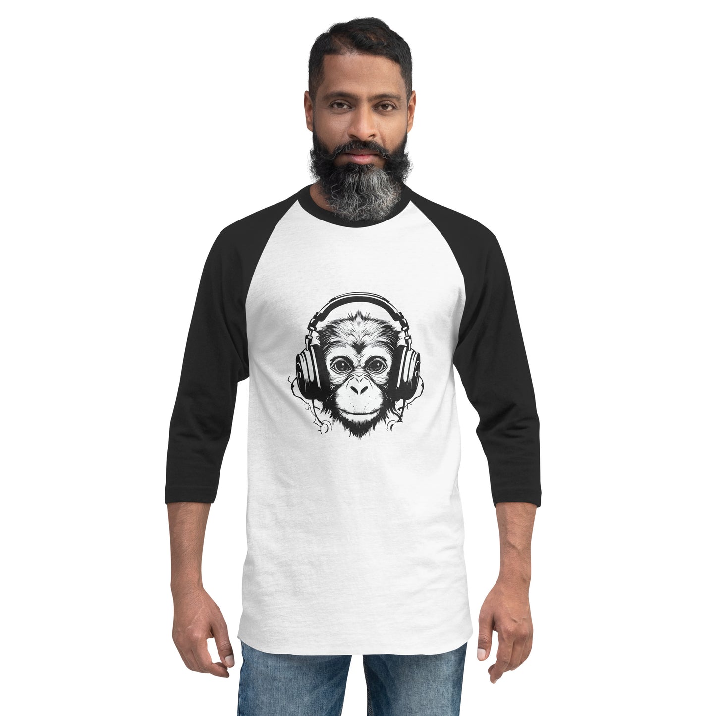 Monkey Listening to Music on Headphones - 3/4 sleeve raglan shirt - by Relephants