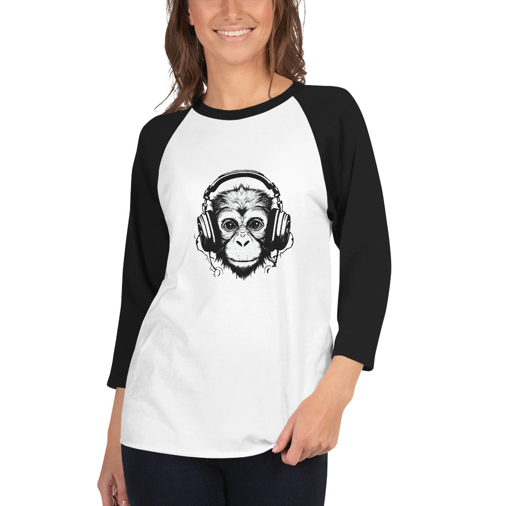 Monkey Listening to Music on Headphones - 3/4 sleeve raglan shirt - by Relephants